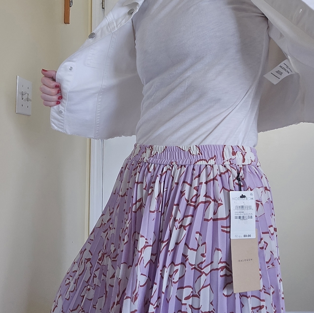 Halogen Pleated Purple Floral Midi Skirt Large Pull On Waistband NEW - Picture 5 of 5